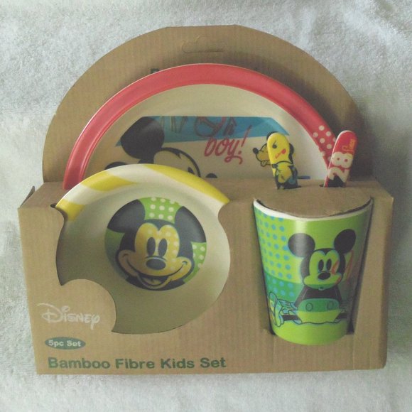 Disney 5 Piece Bamboo Fibre Kids Dish Set w/ Silverware BRAND NEW